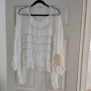 NWT Blue Tassel Elegant White Ruffled Blouse